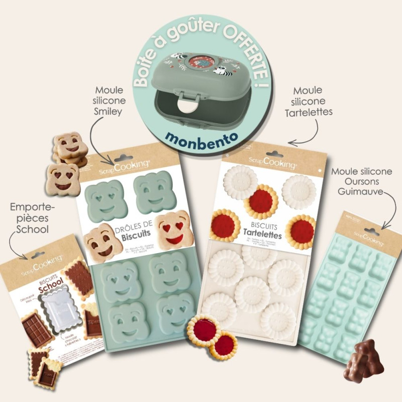 Kit pour préparation de goûter : Oursons guimauve, Biscuit écolier, Biscuit BN, et Tartelettes + Boite à goûter OFFERTE 🎁