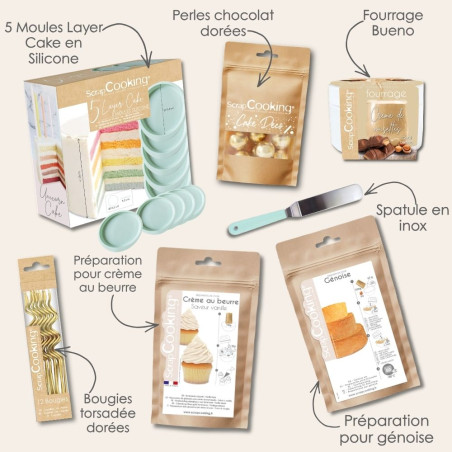 Pack layer cake : 5 moules, génoise, crème, fourrage bueno, bougies et toppings