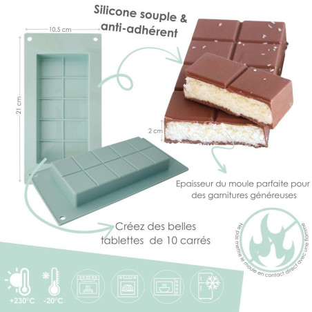 Illustration descriptive des avantages pratiques du moule en silicone pour tablette de chocolat