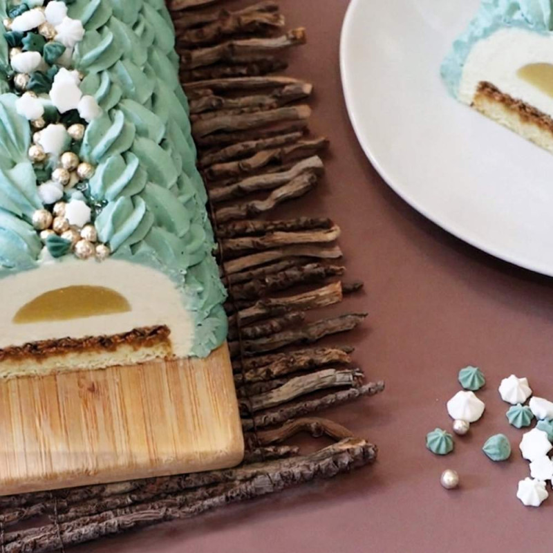 Photo: Yule log with sweet decorations – snow-covered forest - ScrapCooking®