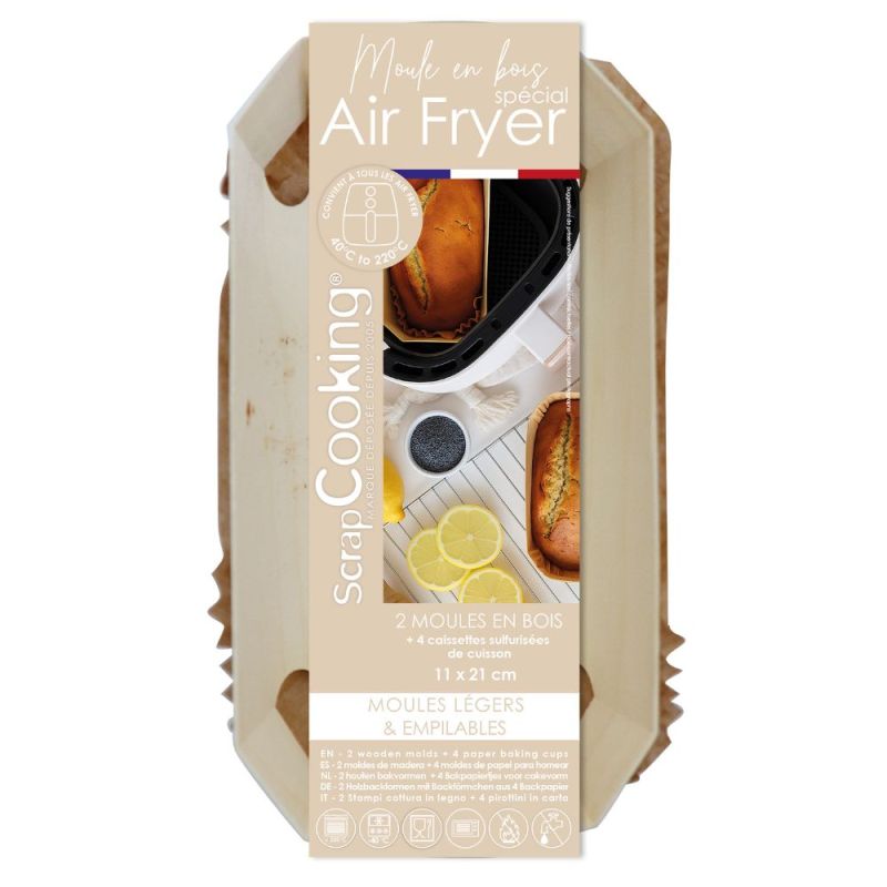 2 moules airfryer en bois 21 cm avec caissettes de cuisson sulfurisées