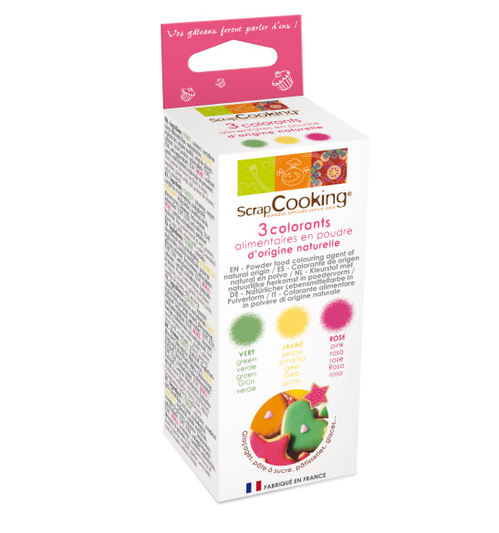 3 colorants d'origine naturelle vert, jaune, rose 3 colorants d'origine naturelle vert, jaune, rose