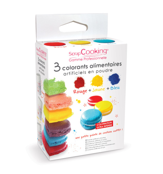 3 powdered artificial food colourings - red, yellow, blue 3 powdered artificial food colourings - red, yellow, blue