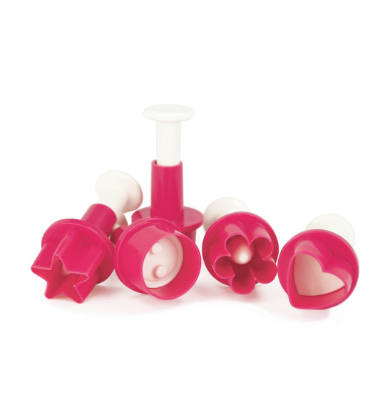Set of 5 mini sugarpaste plunger cutters - "heart, polka dot, flower, star, button"