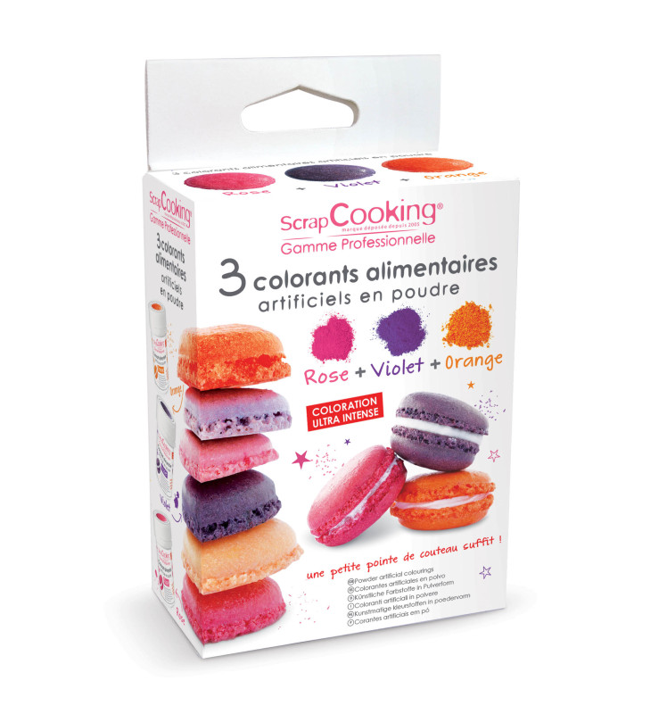 3 Artificial food colourings - orange, violet, pink
