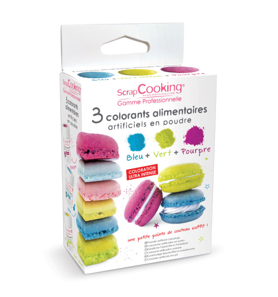 3 colorants alimentaires en poudre bleu, vert, pourpre 3 colorants alimentaires en poudre bleu, vert, pourpre