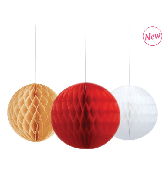 3 Boules de sapin alvéolées Ø 9 cm (dorée/blanc/rouge) 3 Boules de sapin alvéolées Ø 9 cm (dorée/blanc/rouge)