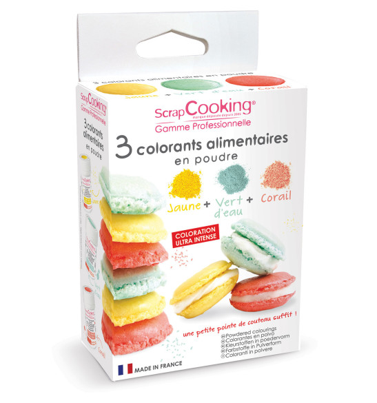 3 colorants alimentaires vert d'eau, corail, jaune 3 colorants alimentaires vert d'eau, corail, jaune