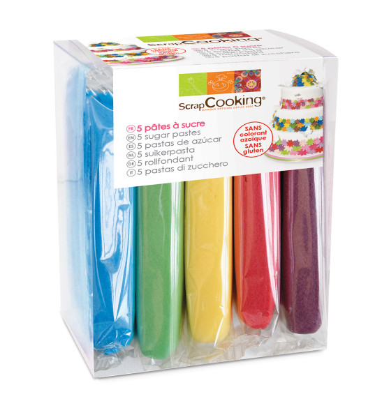 Boite 5 pâtes à sucre fuchsia, violet, jaune, vert clair et bleu (5x80g) Boite 5 pâtes à sucre fuchsia, violet, jaune, vert clair et bleu (5x80g)