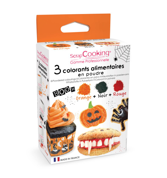 3 colorants poudre Halloween noir, orange, rouge 3 colorants poudre Halloween noir, orange, rouge