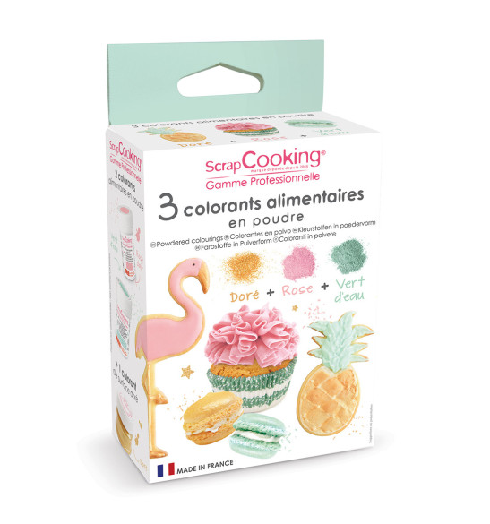 3 colorants poudre rose poudré, vert d'eau, doré 3 colorants poudre rose poudré, vert d'eau, doré