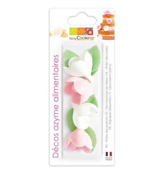 Décos azyme 4 roses assorties + 6 feuilles vertes Décos azyme 4 roses assorties + 6 feuilles vertes