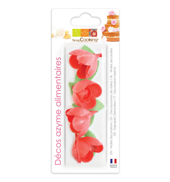 Décos azyme 4 roses rouges + 6 feuilles vertes Décos azyme 4 roses rouges + 6 feuilles vertes