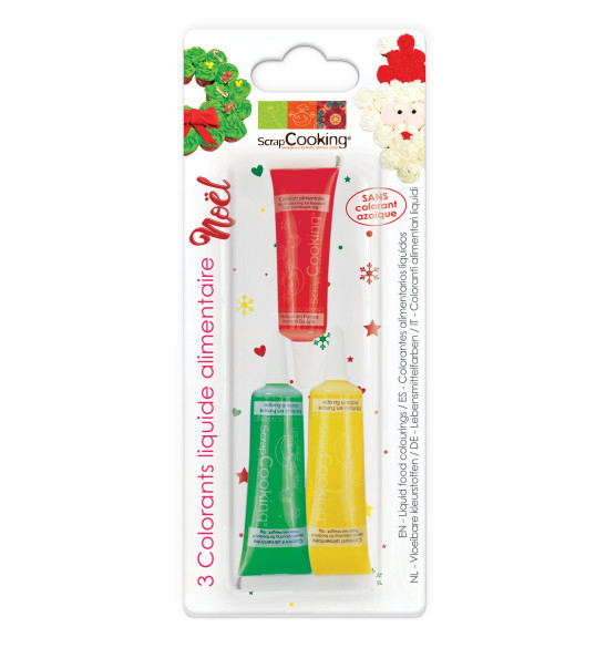 3 colorants liquides liquides Noël (rouge/jaune/vert) 3 colorants liquides liquides Noël (rouge/jaune/vert)