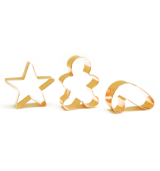 3 gold-finish stainless steel cookie cutters gingerbread man/candy cane/star