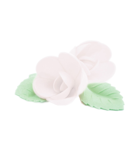 Edible wafer decorations 4 white roses + 6 green leaves