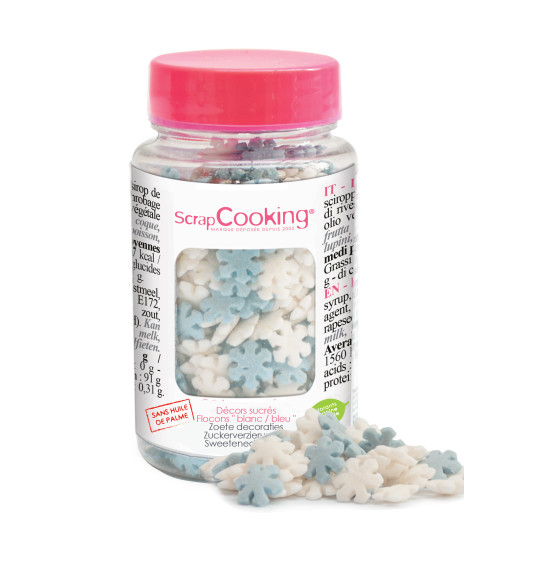 Pot of white/blue snowflake sugar decos 50 g