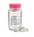 Pot of white/blue snowflake sugar decos 50 g