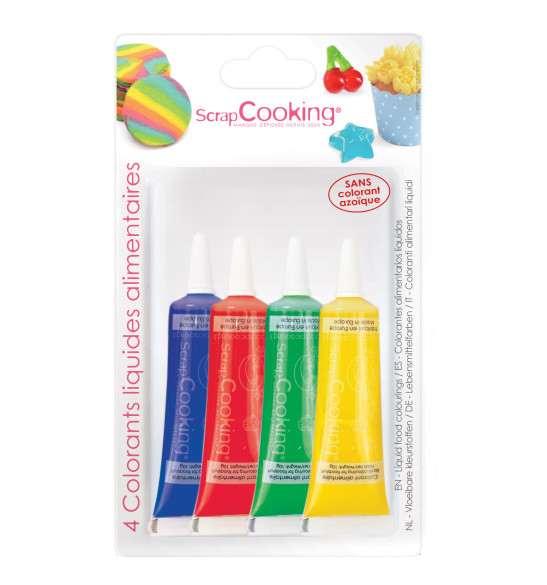 4 liquid food colourings blue, red, yellow, green