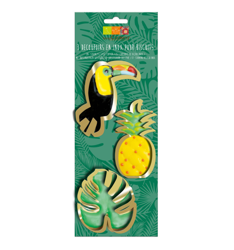 3 gold-finish stainless steel cookie cutters Toucan/ Pineapple / Leaf