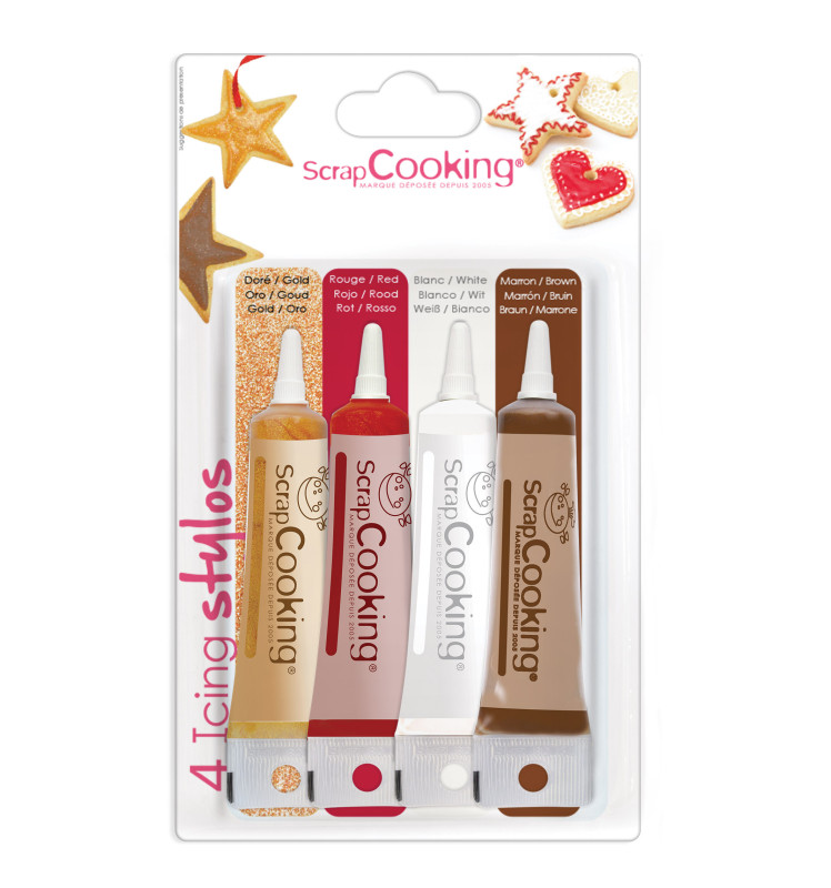 4 icings or, choco, blanc, rouge