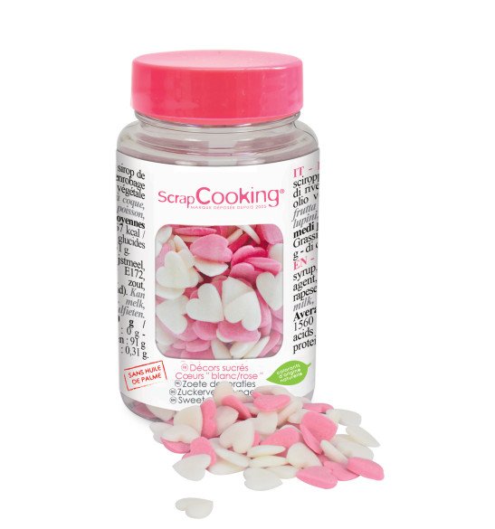 Pot of white/ pink heart sugar decos 50 g