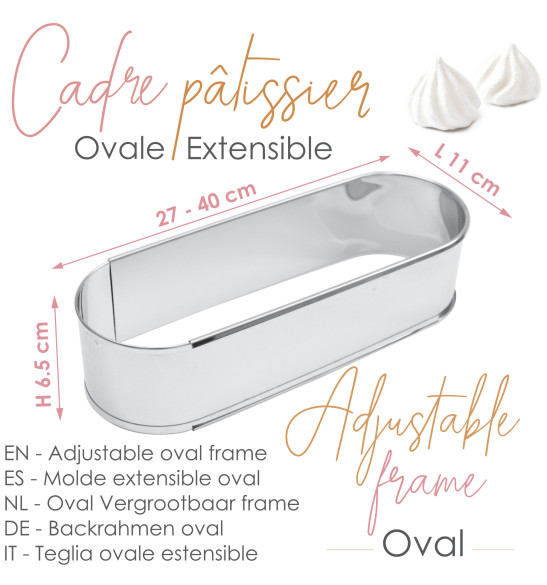 Oval, adjustable, stainless steel baking frame